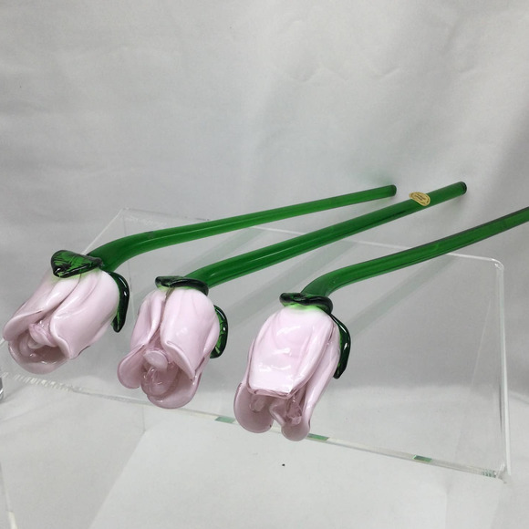 Hand Blown Glass Pink Rose Long Stem 15" - Picture 6 of 9